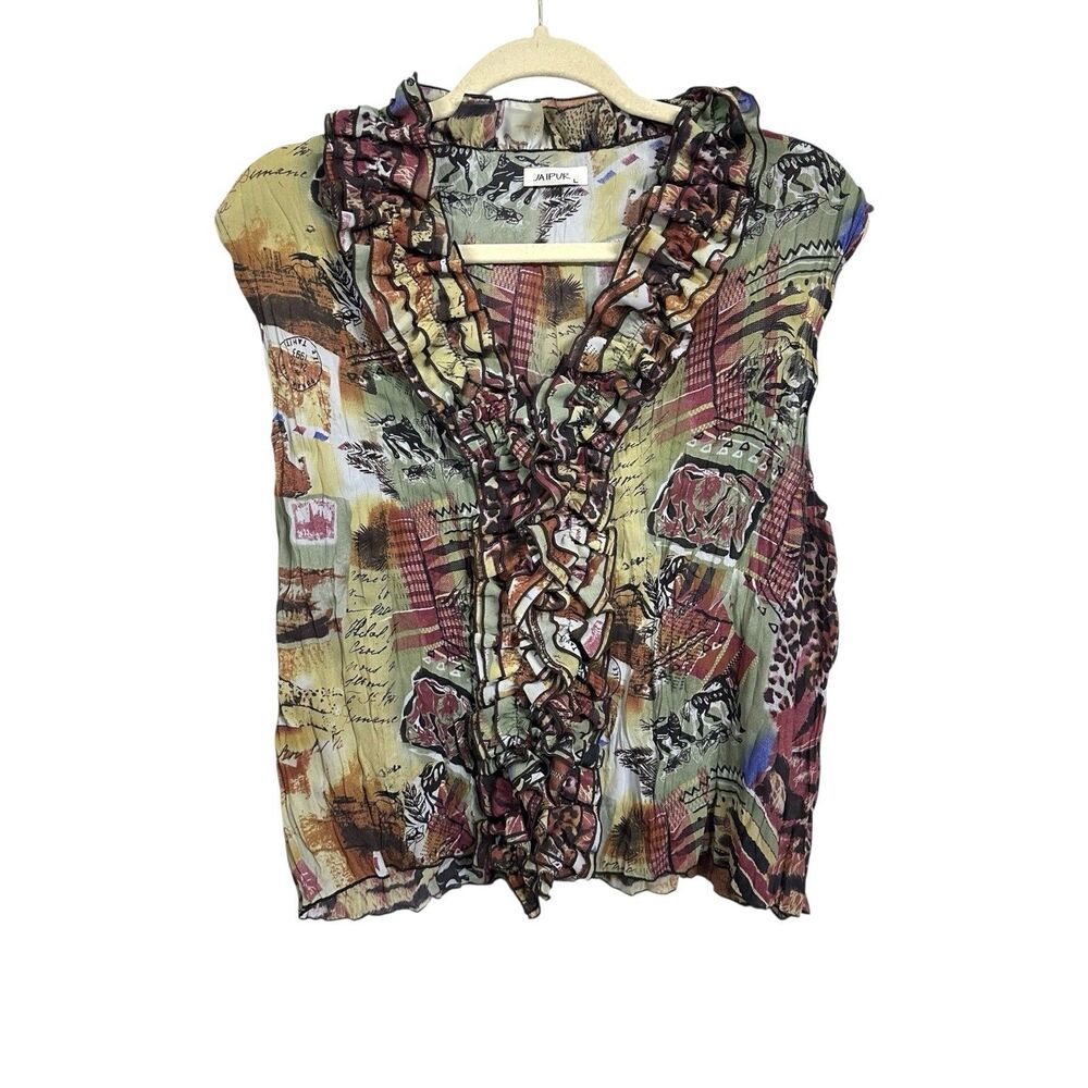 Jaipur Womens Sz L Safari Art To Wear Boho Crinkle Ruffle Sleeveless Blouse VTG